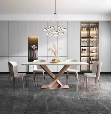 Düz X Bazlı Lüks Modern Yemek Masaları 6 8 Kişilik Mermer Üst Paslanmaz Çelik Çerçeve