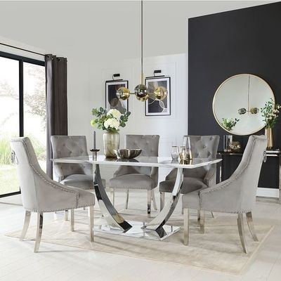 İyi bir fiyat. Paslanmaz Çelik Gümüş Siyah Mermer Üst Yemek Masası Takımı Lüks Modern Yemek Masaları 150X90X75 çevrimiçi