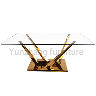 Katı SS201 Altın Kaplama Stand Tabanlı Minimalist Dikdörtgen Cam Üst Yemek Masası