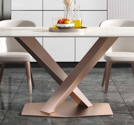 Düz X Bazlı Lüks Modern Yemek Masaları 6 8 Kişilik Mermer Üst Paslanmaz Çelik Çerçeve