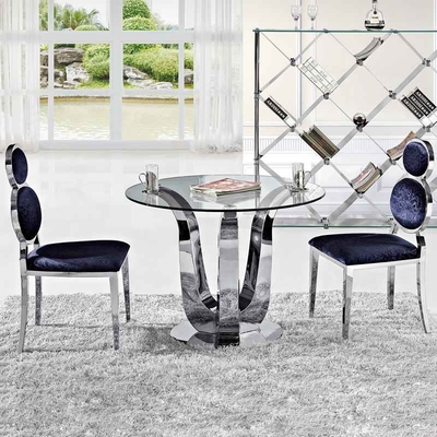 Antik Glam Gümüş Lüks Modern Yemek Masaları D150XH75 Cam Üst Yemek Masası