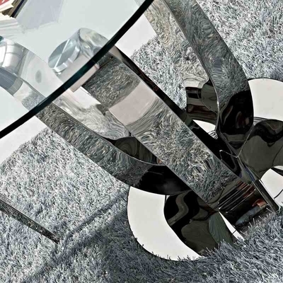 Antik Glam Gümüş Lüks Modern Yemek Masaları D150XH75 Cam Üst Yemek Masası