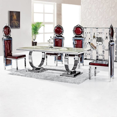 Silver 150X90X75 Lüks Konfor Yemek Masası 6 Kişilik Temperli Cam Üst