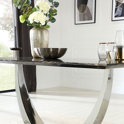 Paslanmaz Çelik Gümüş Siyah Mermer Üst Yemek Masası Takımı Lüks Modern Yemek Masaları 150X90X75