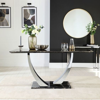 Paslanmaz Çelik Gümüş Siyah Mermer Üst Yemek Masası Takımı Lüks Modern Yemek Masaları 150X90X75