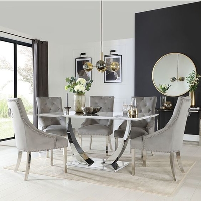 Paslanmaz Çelik Gümüş Siyah Mermer Üst Yemek Masası Takımı Lüks Modern Yemek Masaları 150X90X75