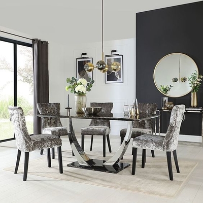 Paslanmaz Çelik Gümüş Siyah Mermer Üst Yemek Masası Takımı Lüks Modern Yemek Masaları 150X90X75