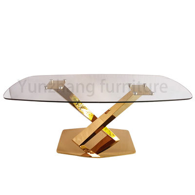İyi bir fiyat. Dikdörtgen Tasarım Cam Üst Yemek Masası Temizle Temperli SS201 Taban Ev Mobilyaları çevrimiçi