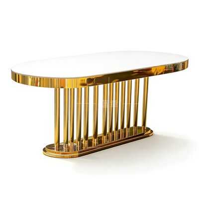 İyi fiyat Düğün Mobilyaları Toptan Altın Oval Paslanmaz Çelik Çerçeve Beyaz Ayna Cam Üst Uzun Masa Yemek Otel Düğün Masası çevrimiçi