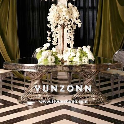 İyi fiyat Yuva tabanı Çift tabanlı Yemek masası ayna cam üst altın merkez parçaları düğünler ve oteller için çevrimiçi