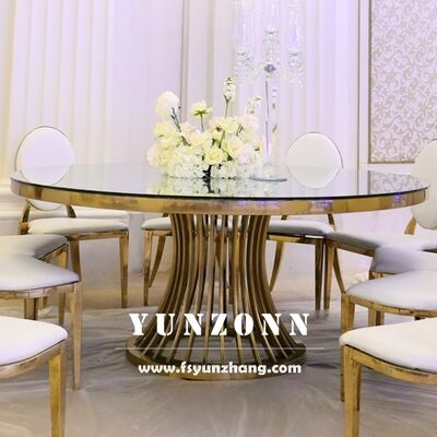 İyi fiyat Altın paslanmaz çelik tabanlı lüks yuvarlak yemek masası ve düğün ve etkinlik ziyafetleri için cam üst çevrimiçi