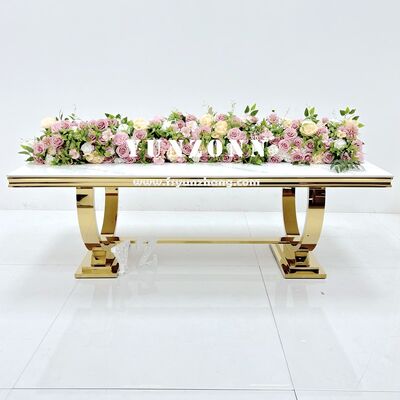 İyi fiyat Lüks Parti Etkinlikleri Dekorasyonlar Altın Bacaklar Masa Modern Cam Dikdörtgen Paslanmaz Çelik Düğün Ziyafeti Masaları çevrimiçi