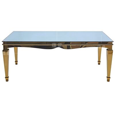 İyi fiyat Modern Altın Paslanmaz Çelik Dikdörtgen Mia Banket Yemek Masası Temperli Cam Üst Dayanıklı Otel Etkinlikleri İçin çevrimiçi