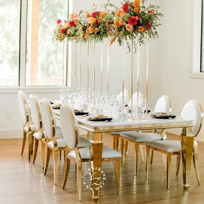 İyi fiyat Otel Düğün Partileri Açık Etkinlikler Banketler İçin Modern Altın Paslanmaz Çelik Aynalı Cam Üst Yemek Masası çevrimiçi