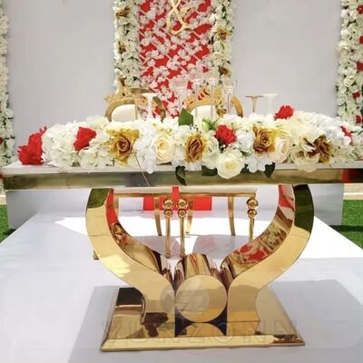 İyi fiyat Balo, Etkinlik, Otel, Parti, Yemek Odası, Oturma Odası, Dış Mekan Kullanımı için Modern Altın Paslanmaz Çelik Düğün Masası Mobilyası çevrimiçi