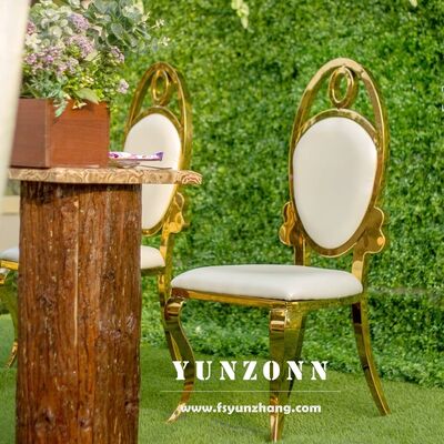 İyi fiyat Modern Altın Oval Sırtlı Düğün Yemek Sandalyesi Toptan Paslanmaz Çelik Mobilya Ziyafetler ve Oteller İçin çevrimiçi