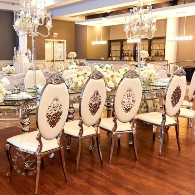 İyi fiyat Modern Altın Paslanmaz Çelik Döşeme Salonu Otel ve Düğün İçin Deri Oval Arka Sandalye Daire İçin Çağdaş Stil çevrimiçi