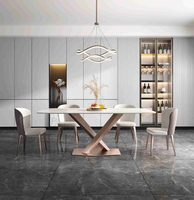 İyi bir fiyat. Düz X Bazlı Lüks Modern Yemek Masaları 6 8 Kişilik Mermer Üst Paslanmaz Çelik Çerçeve çevrimiçi